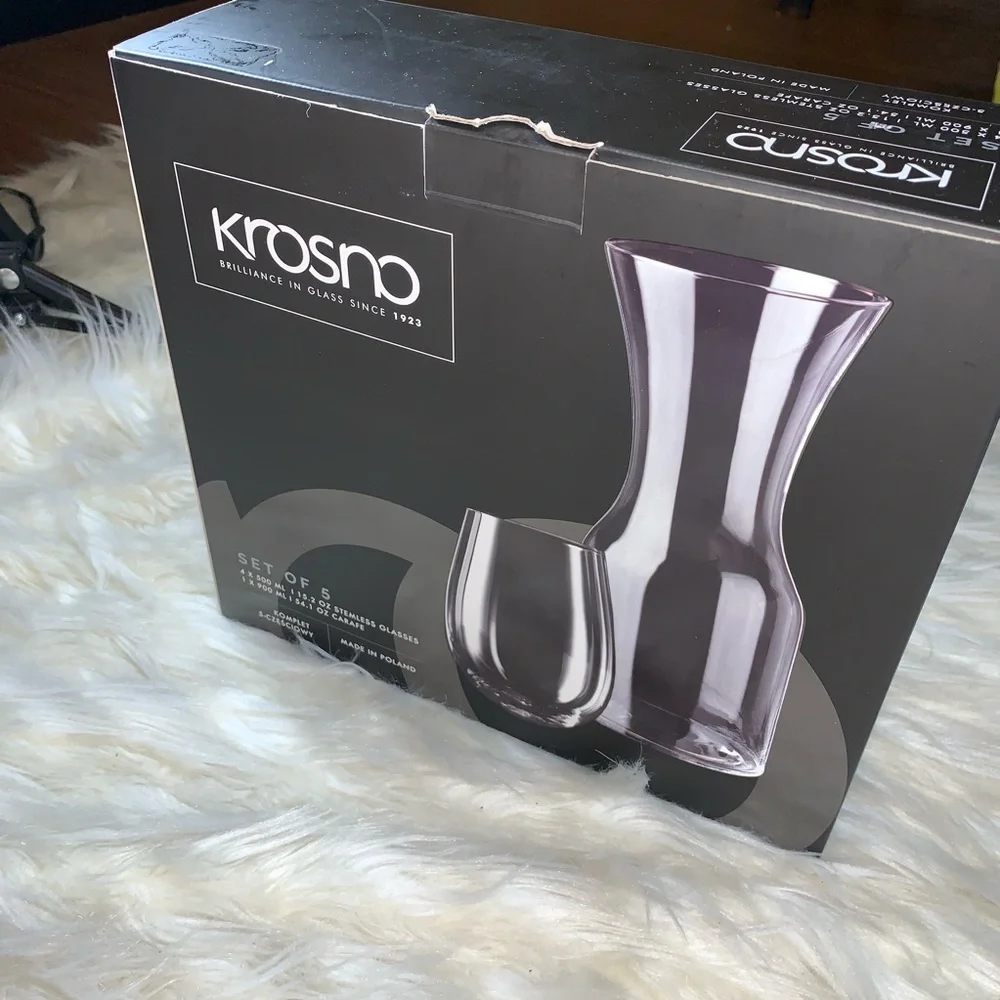 Krosno 5 Piece Glass Carafe Set | Decanter + 4 Stemless Wine Glasses